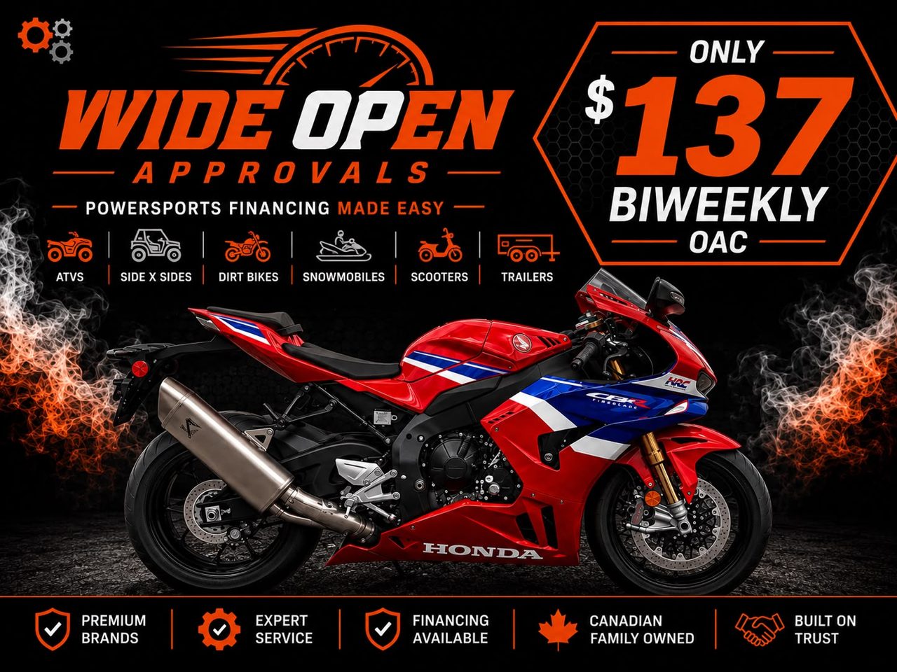 Honda CBR Fireblade sport bike — only $137 biweekly OAC through Wide Open Approvals