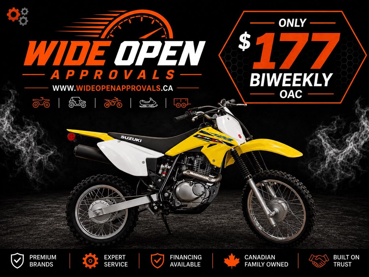 Suzuki DR-Z dirt bike — only $177 biweekly OAC through Wide Open Approvals