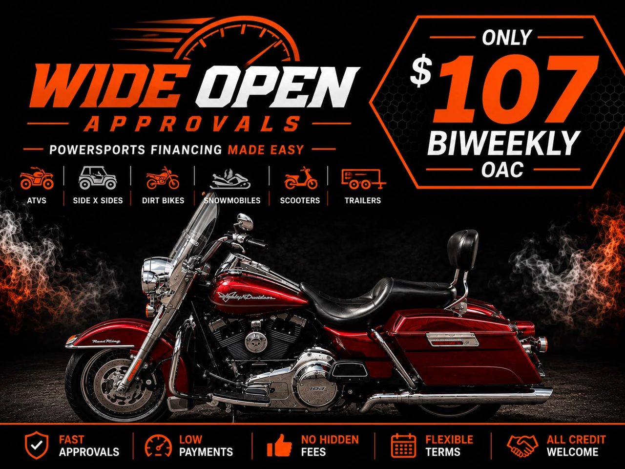 Harley-Davidson Road King touring motorcycle — only $107 biweekly OAC through Wide Open Approvals
