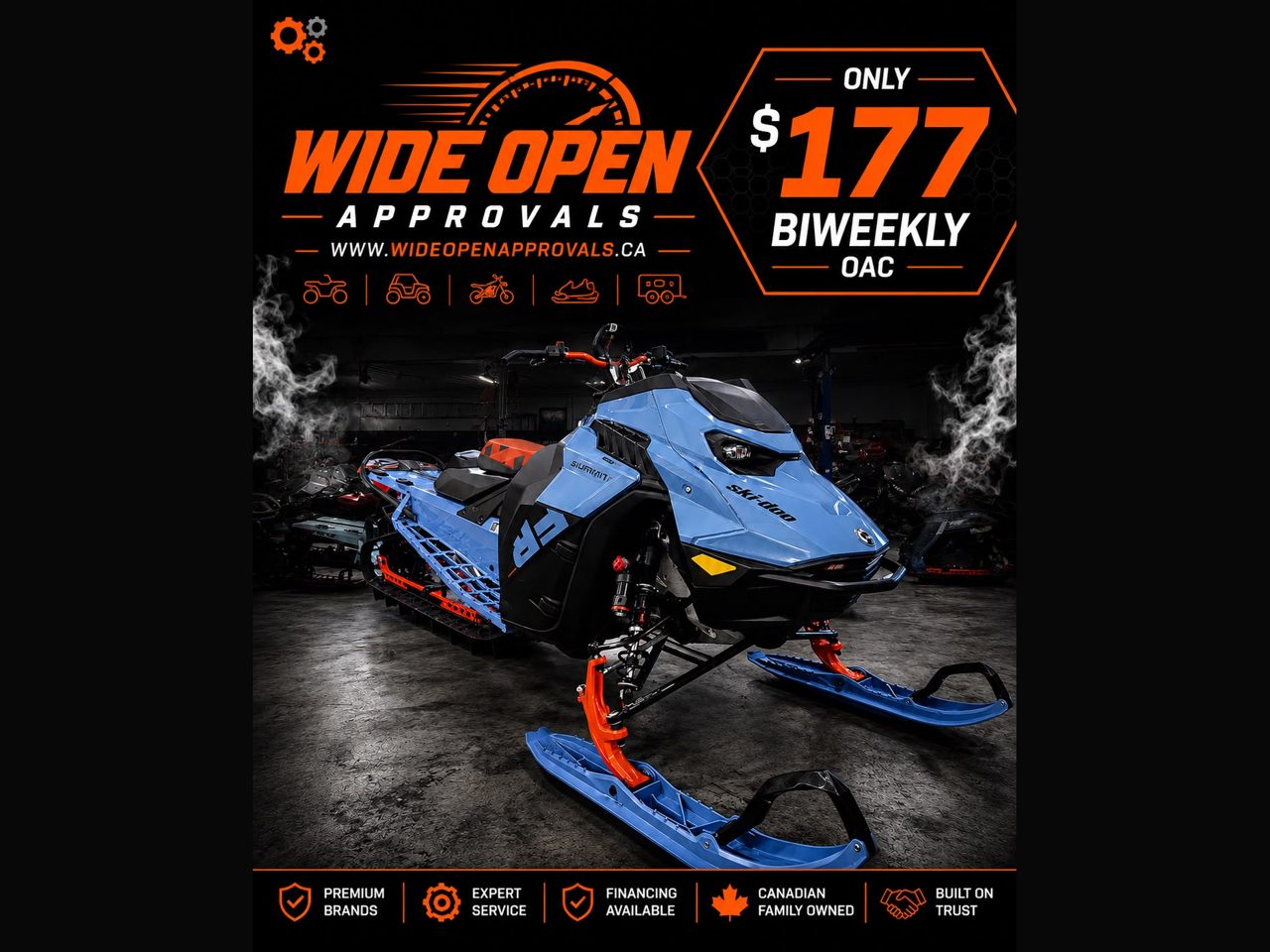 Ski-Doo Summit mountain snowmobile — only $177 biweekly OAC through Wide Open Approvals