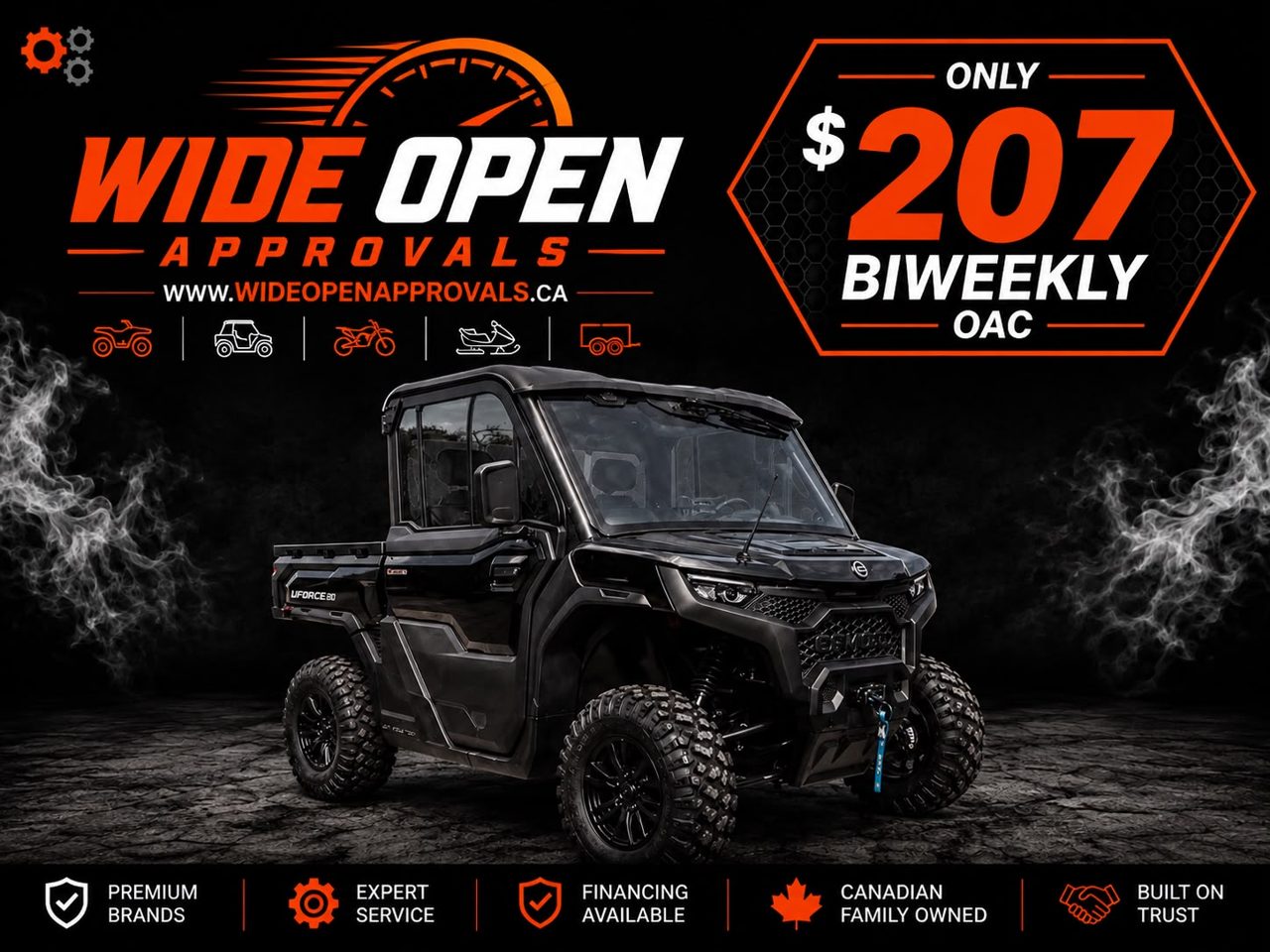 CFMoto UForce cab side-by-side — only $207 biweekly OAC through Wide Open Approvals